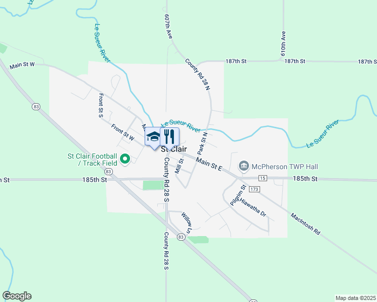 map of restaurants, bars, coffee shops, grocery stores, and more near 200 Main Street East in Mankato