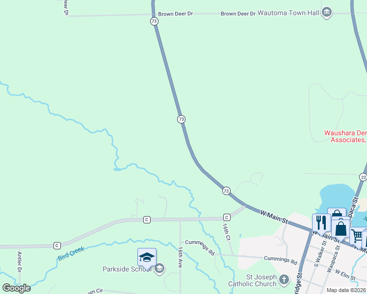 map of restaurants, bars, coffee shops, grocery stores, and more near 2870 Wisconsin 73 in Wautoma