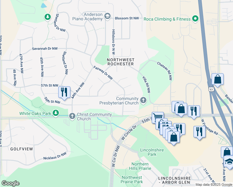 map of restaurants, bars, coffee shops, grocery stores, and more near 4027 Huntington Lane Northwest in Rochester
