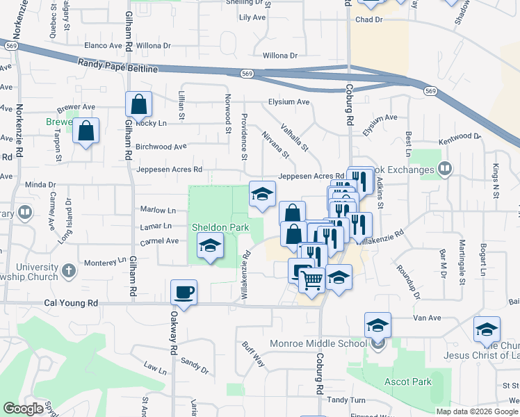 map of restaurants, bars, coffee shops, grocery stores, and more near 2455 Willakenzie Rd in Eugene