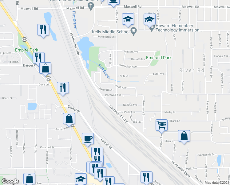 map of restaurants, bars, coffee shops, grocery stores, and more near 898 Virgil Avenue in Eugene