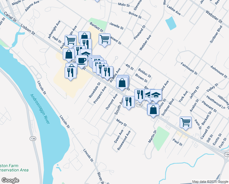 map of restaurants, bars, coffee shops, grocery stores, and more near 965 Maine 196 in Lewiston