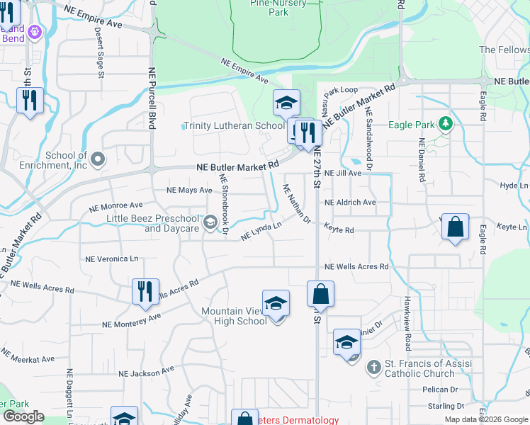 map of restaurants, bars, coffee shops, grocery stores, and more near 2457 Northeast Desert Willow Court in Bend