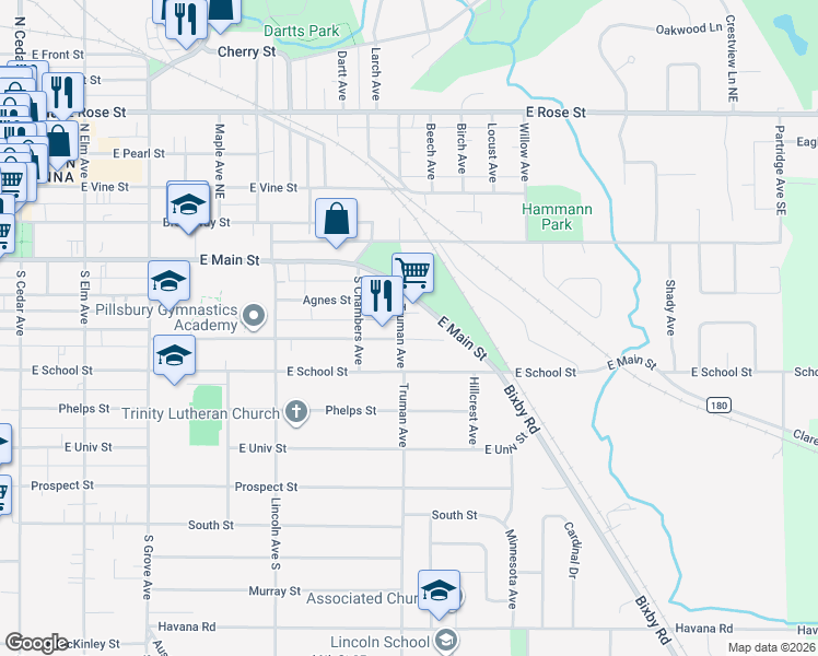 map of restaurants, bars, coffee shops, grocery stores, and more near 706 East Academy Street in Owatonna