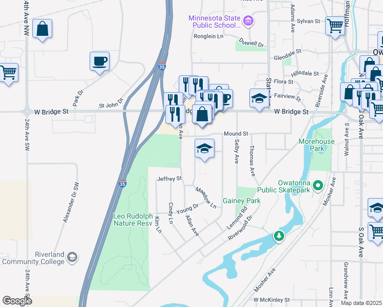 map of restaurants, bars, coffee shops, grocery stores, and more near 308 Meadow Lane in Owatonna