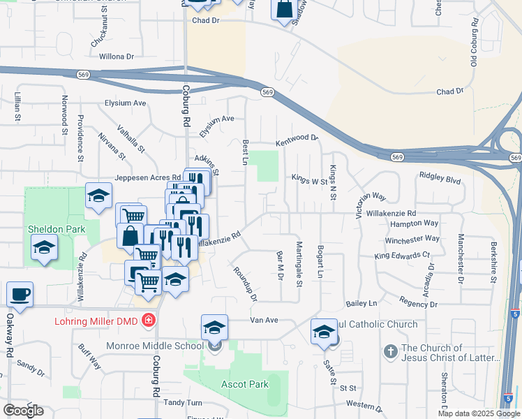 map of restaurants, bars, coffee shops, grocery stores, and more near 3055 Willakenzie Road in Eugene