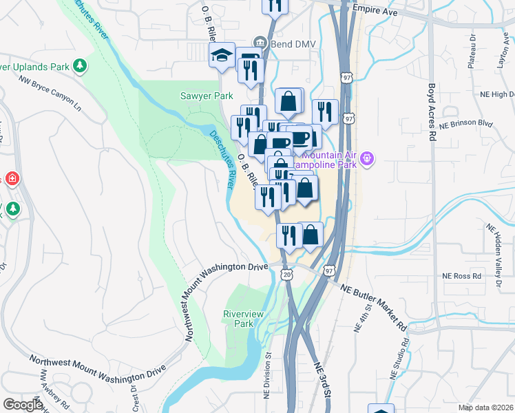 map of restaurants, bars, coffee shops, grocery stores, and more near 3105 O. B. Riley Road in Bend