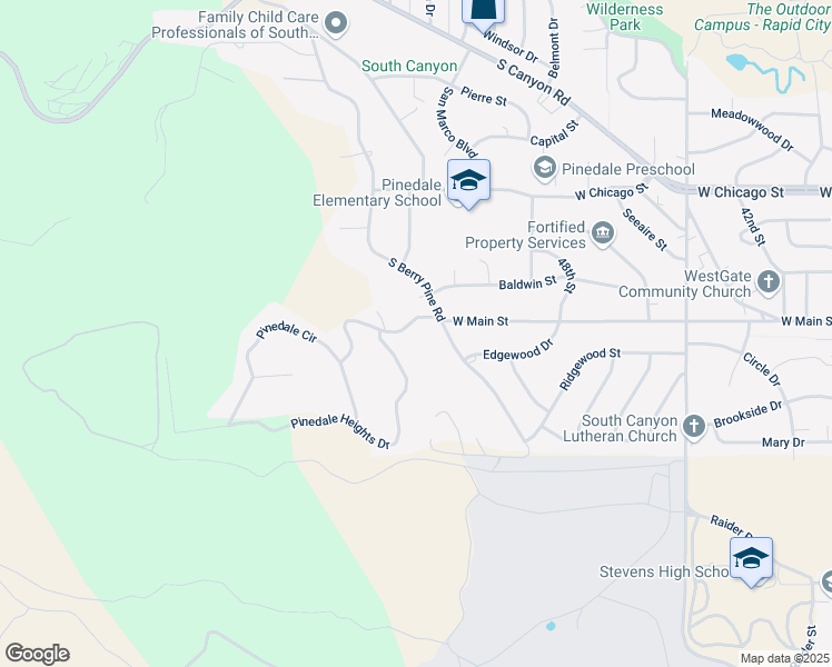 map of restaurants, bars, coffee shops, grocery stores, and more near 509 South Berry Pine Road in Rapid City