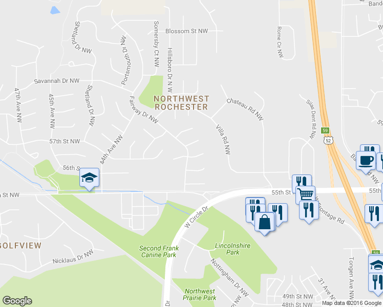 map of restaurants, bars, coffee shops, grocery stores, and more near 3919 Huntington Lane Northwest in Rochester