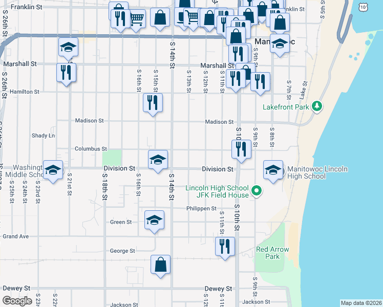 map of restaurants, bars, coffee shops, grocery stores, and more near 1219 Columbus Street in Manitowoc