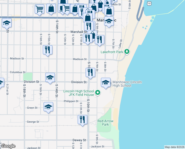 map of restaurants, bars, coffee shops, grocery stores, and more near 915 Columbus Street in Manitowoc