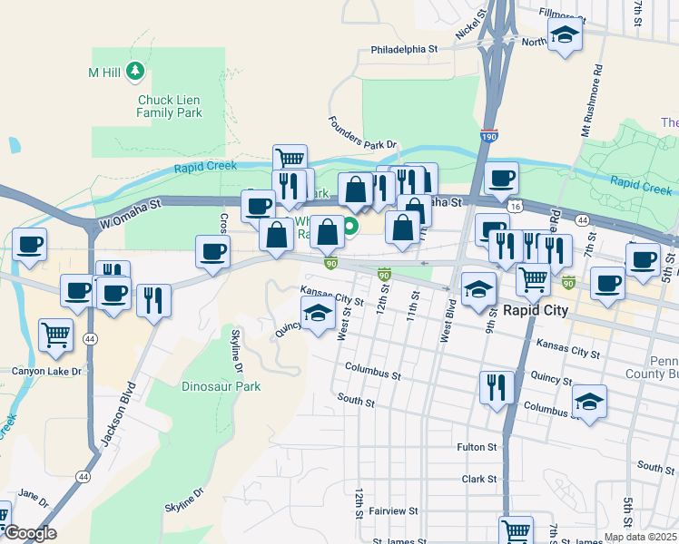 map of restaurants, bars, coffee shops, grocery stores, and more near 1319 W Main St in Rapid City