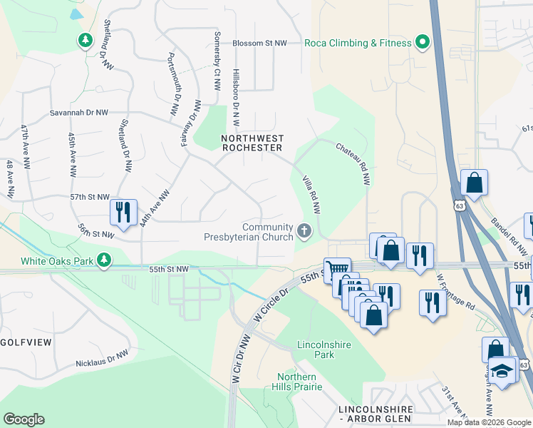 map of restaurants, bars, coffee shops, grocery stores, and more near 3919 Huntington Lane Northwest in Rochester