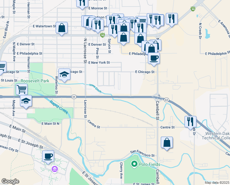 map of restaurants, bars, coffee shops, grocery stores, and more near 818 East Omaha Street in Rapid City