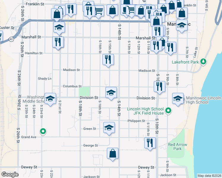 map of restaurants, bars, coffee shops, grocery stores, and more near 1421 Columbus Street in Manitowoc