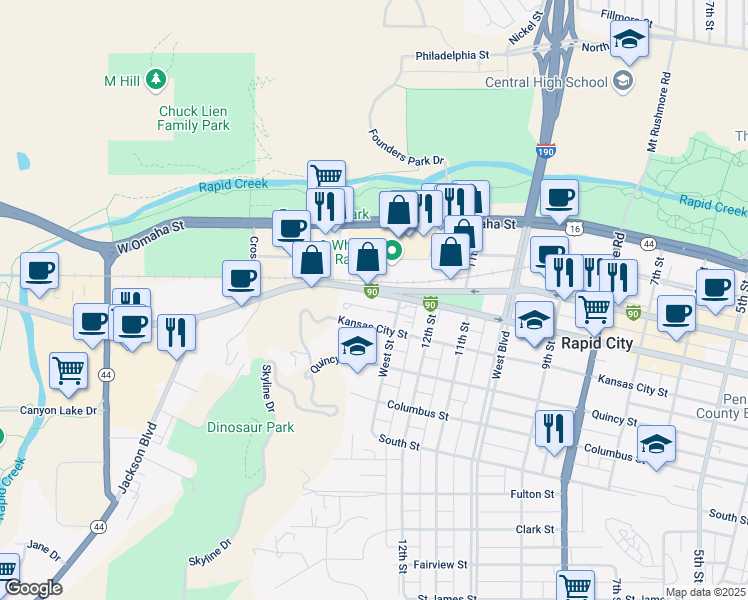 map of restaurants, bars, coffee shops, grocery stores, and more near 1319 West Main Street in Rapid City