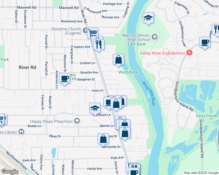 map of restaurants, bars, coffee shops, grocery stores, and more near 99 Arbor Drive in Eugene