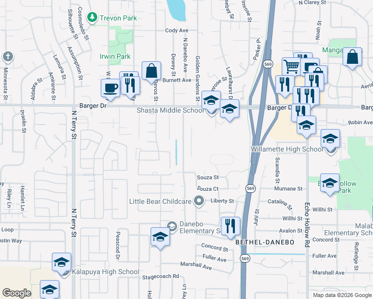 map of restaurants, bars, coffee shops, grocery stores, and more near 1815 North Danebo Avenue in Eugene