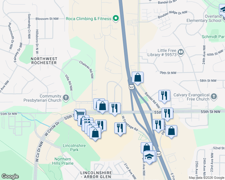 map of restaurants, bars, coffee shops, grocery stores, and more near 5711 Silas Dent Road Northwest in Rochester