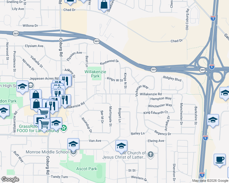map of restaurants, bars, coffee shops, grocery stores, and more near 3081 Willakenzie Road in Eugene