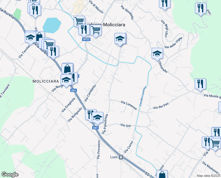 map of restaurants, bars, coffee shops, grocery stores, and more near 61 Via Palvotrisia in Colombiera-molicciara