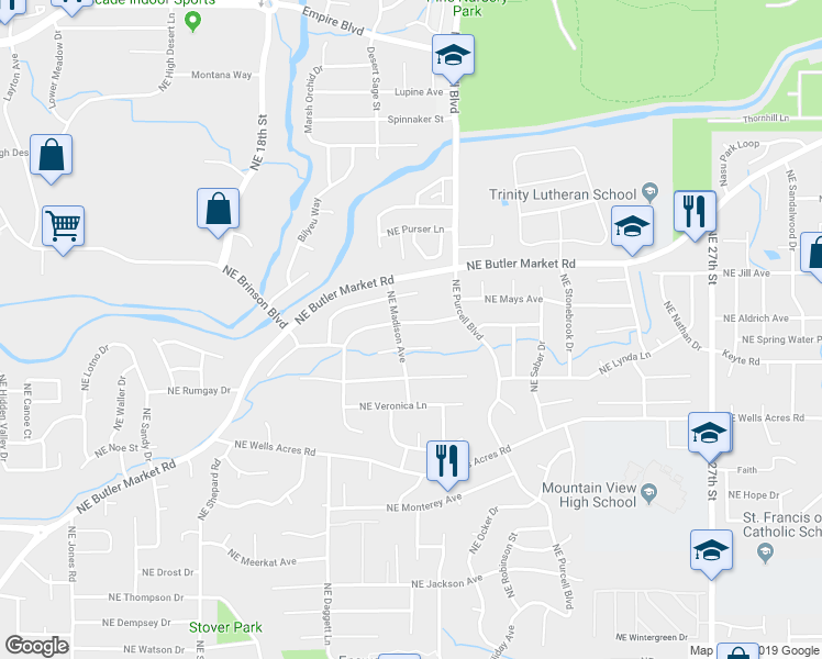 map of restaurants, bars, coffee shops, grocery stores, and more near 1953 Northeast Monroe Avenue in Bend