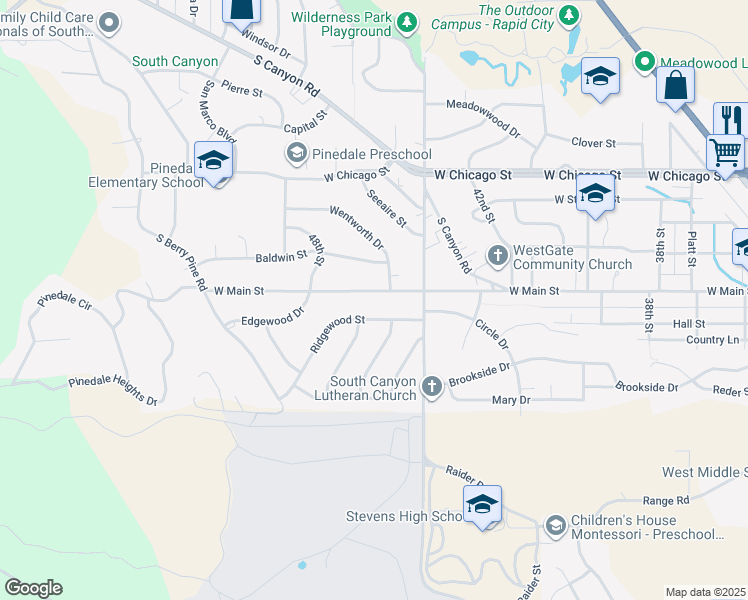 map of restaurants, bars, coffee shops, grocery stores, and more near 4511 W Main St in Rapid City