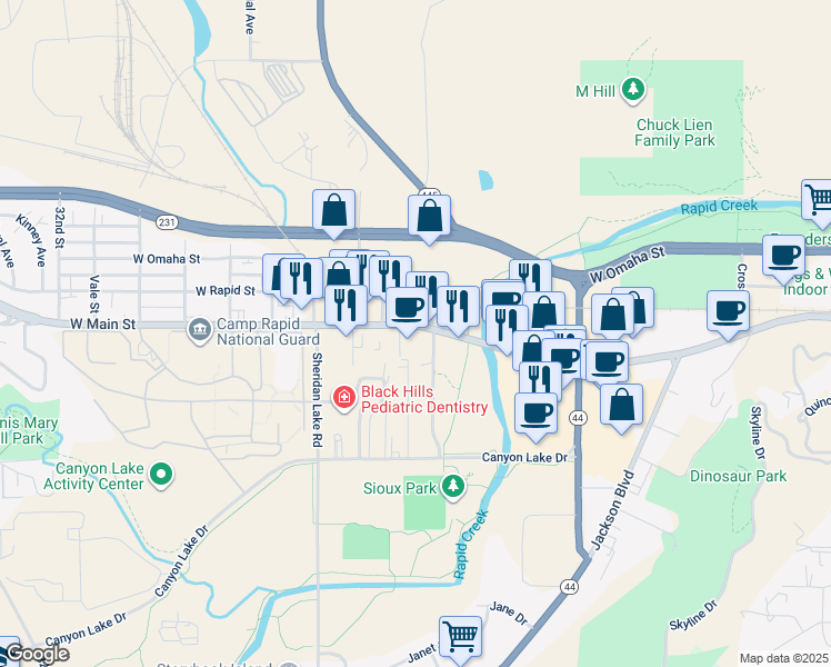 map of restaurants, bars, coffee shops, grocery stores, and more near 2355 West Main Street in Rapid City