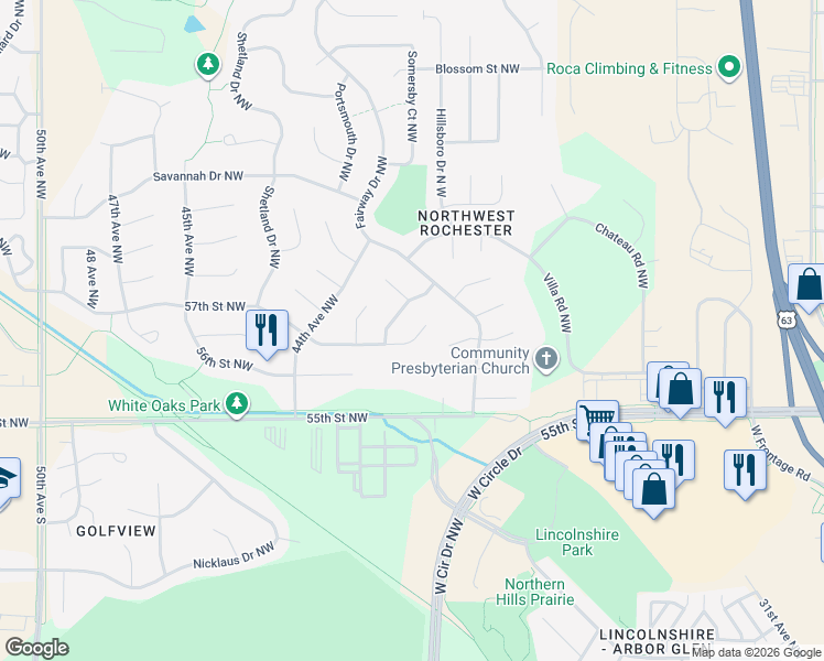 map of restaurants, bars, coffee shops, grocery stores, and more near 4127 57th Street Lane Northwest in Rochester