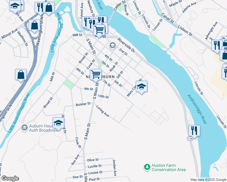 map of restaurants, bars, coffee shops, grocery stores, and more near 153 7th Street in Auburn