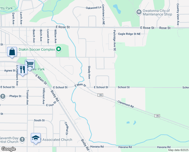 map of restaurants, bars, coffee shops, grocery stores, and more near 452 Morning Drive in Owatonna
