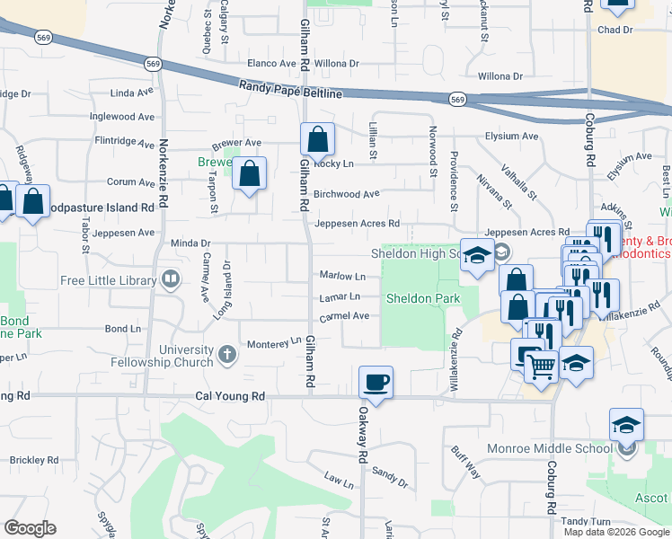 map of restaurants, bars, coffee shops, grocery stores, and more near 2133 Marlow Lane in Eugene