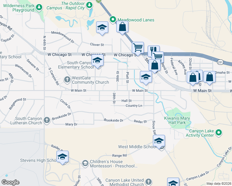 map of restaurants, bars, coffee shops, grocery stores, and more near 3807 West Main Street in Rapid City