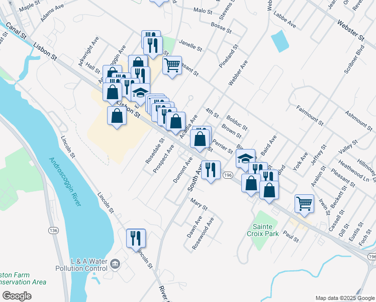 map of restaurants, bars, coffee shops, grocery stores, and more near 965 Maine 196 in Lewiston