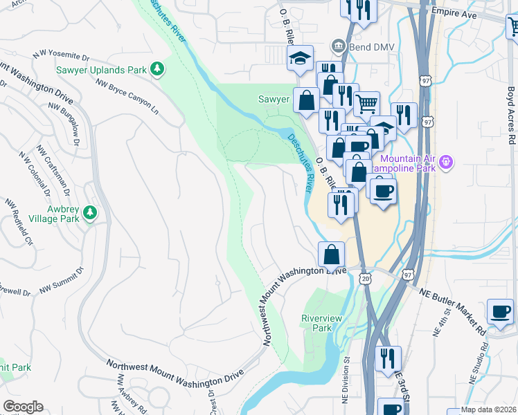 map of restaurants, bars, coffee shops, grocery stores, and more near 3123 Northwest Clubhouse Drive in Bend