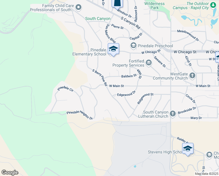 map of restaurants, bars, coffee shops, grocery stores, and more near 509 South Berry Pine Road in Rapid City