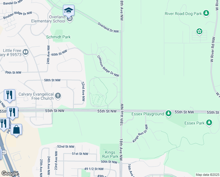 map of restaurants, bars, coffee shops, grocery stores, and more near 1900 Ballington Boulevard Northwest in Rochester