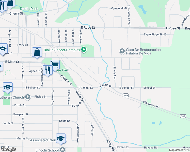 map of restaurants, bars, coffee shops, grocery stores, and more near 254 Woodland Drive in Owatonna