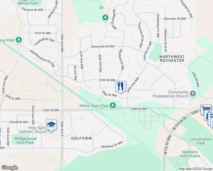map of restaurants, bars, coffee shops, grocery stores, and more near 4449 Copperfield Lane Northwest in Rochester