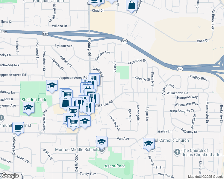 map of restaurants, bars, coffee shops, grocery stores, and more near 1668 Best Lane in Eugene