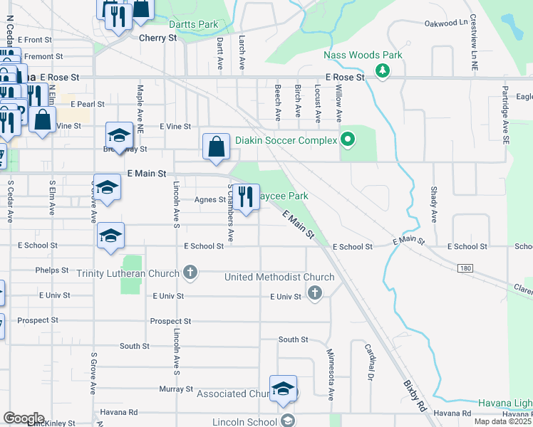 map of restaurants, bars, coffee shops, grocery stores, and more near 706 East Academy Street in Owatonna