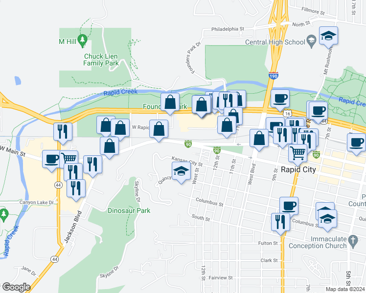 map of restaurants, bars, coffee shops, grocery stores, and more near 1319 W Main St in Rapid City