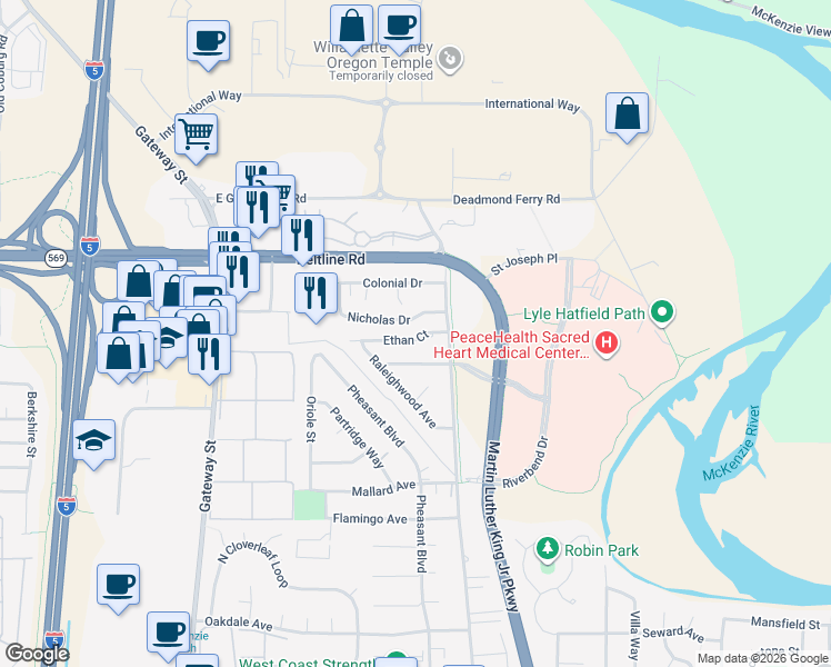 map of restaurants, bars, coffee shops, grocery stores, and more near 544 Ethan Court in Springfield