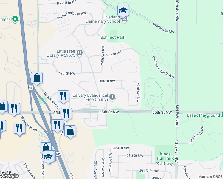 map of restaurants, bars, coffee shops, grocery stores, and more near 2322 Stanley Lane Northwest in Rochester