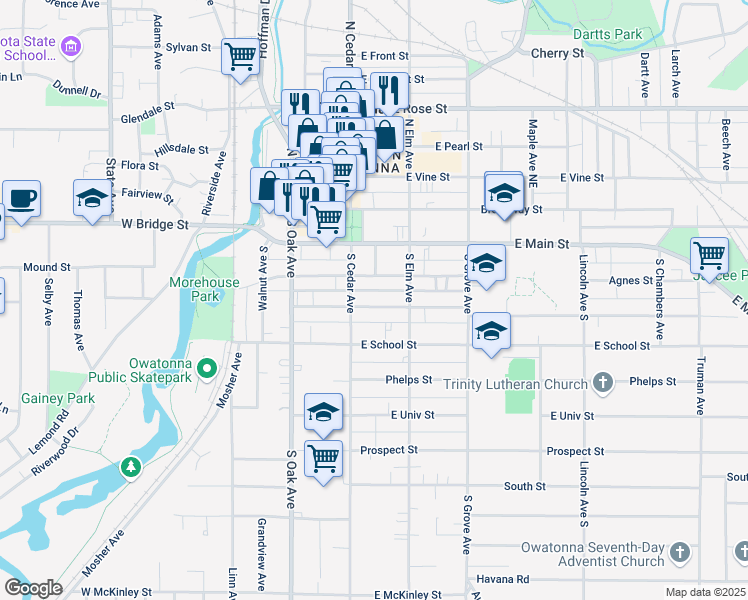 map of restaurants, bars, coffee shops, grocery stores, and more near 122 East Rice Street in Owatonna