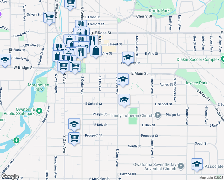 map of restaurants, bars, coffee shops, grocery stores, and more near 240 East Rice Street in Owatonna