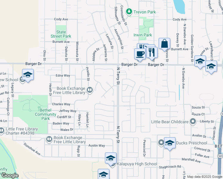 map of restaurants, bars, coffee shops, grocery stores, and more near 1831 Summerfield Avenue in Eugene
