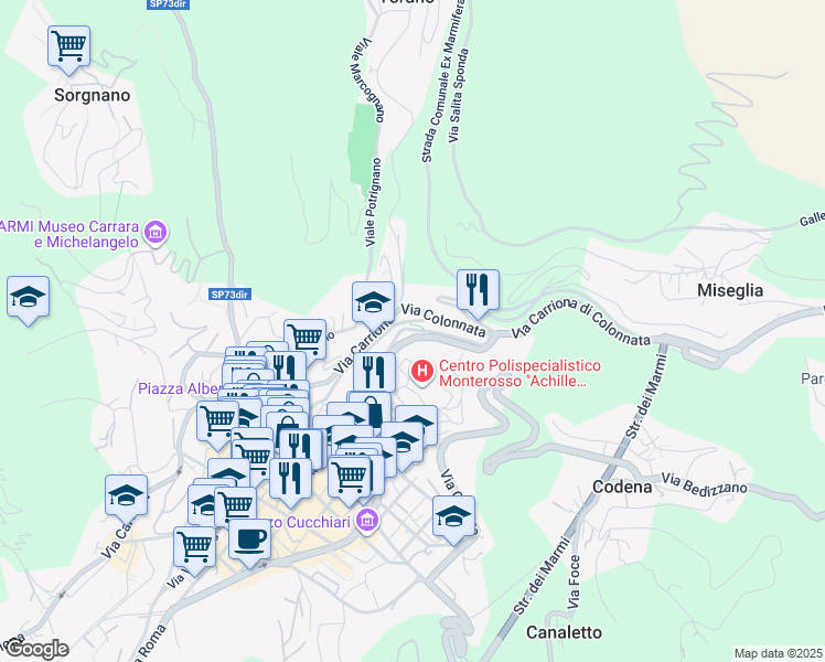 map of restaurants, bars, coffee shops, grocery stores, and more near 8BIS Via Capitano Bruno Conti in Carrara