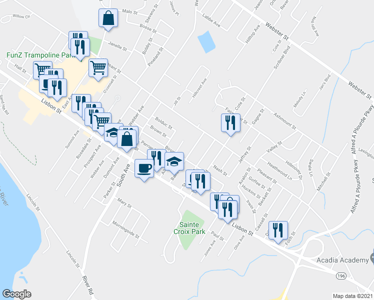 map of restaurants, bars, coffee shops, grocery stores, and more near 66 Baird Avenue in Lewiston