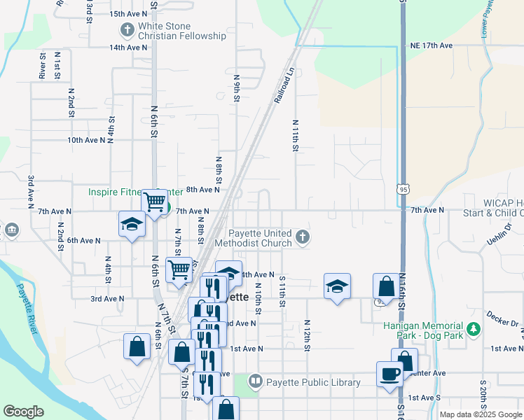 map of restaurants, bars, coffee shops, grocery stores, and more near 1015 7th Avenue North in Payette